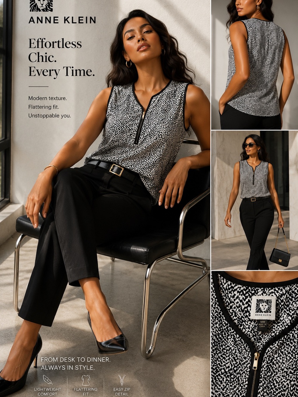 Anne Klein Black & White Zip-Front Printed Shell Top Sz 18